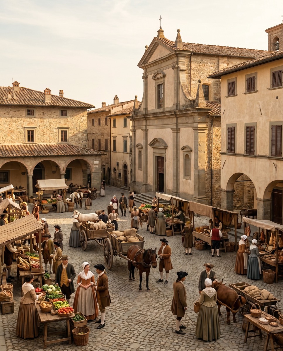 Mercato e viandanti nel borgo