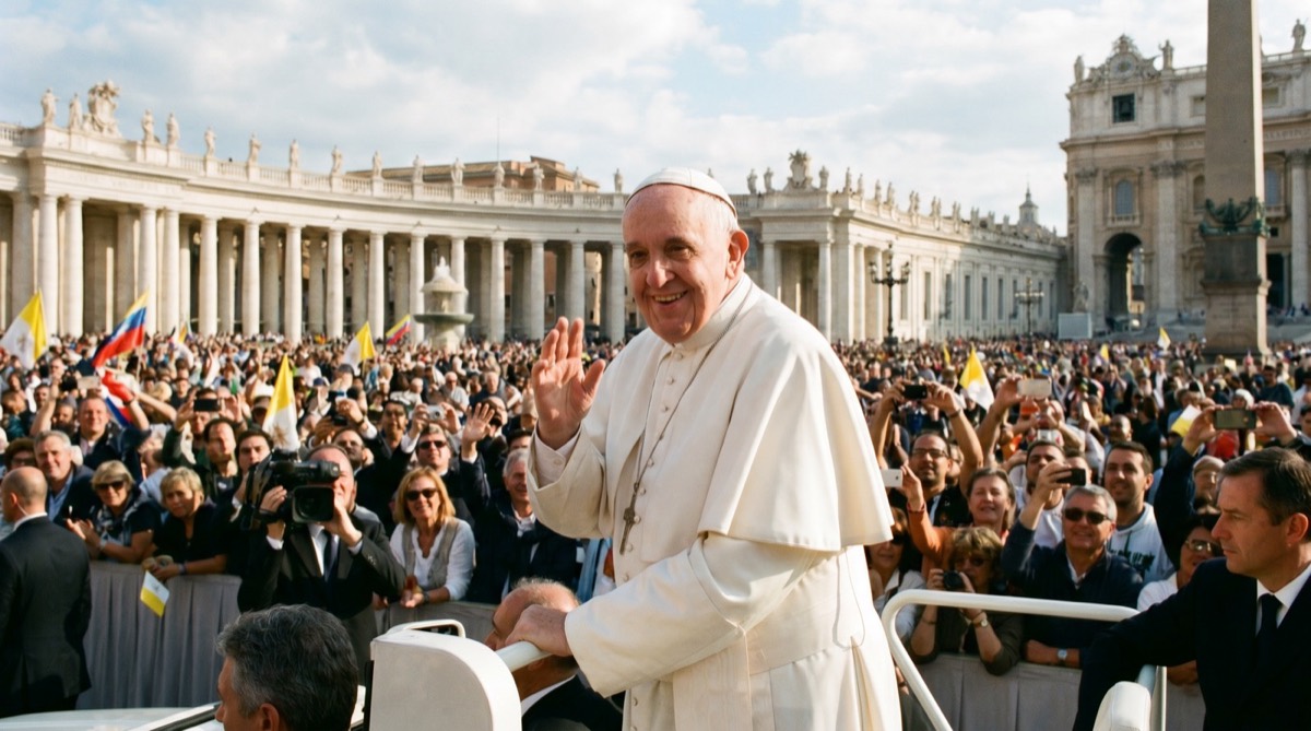 Papa Francesco saluta i fedeli in Piazza San Pietro